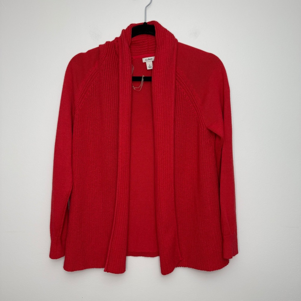 LL Bean Red Cotton Shaker Stitch Open Front Cardigan Shawl Collar Petite Small